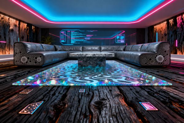 A futuristic living room centers on a gray-and-white marble pedestal coffee table above an iridescent glass floor panel with fluid, holographic patterns. A large U-shaped charcoal leather sectional wraps the space with perforated lattice end panels, while weathered black wood planks with small LED tiles meet charred timber walls, vertical neon bars, a wall-wide digital interface, and cyan and magenta ceiling cove lighting; a single potted plant softens the scene.