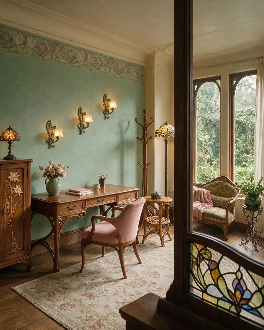 A cozy Art Nouveau home office with a carved wooden desk, pink upholstered chair, mint green walls, and floral wall sconces. Large windows, stained glass, and antique-style lamps create a warm, garden-facing workspace.
