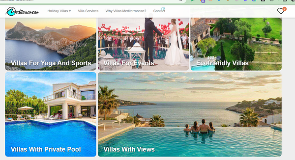 The image displays a website interface showcasing various categories of Mediterranean villas.