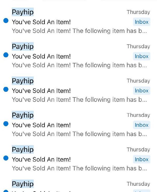 A series of notifications from Payhip indicating multiple item sales.