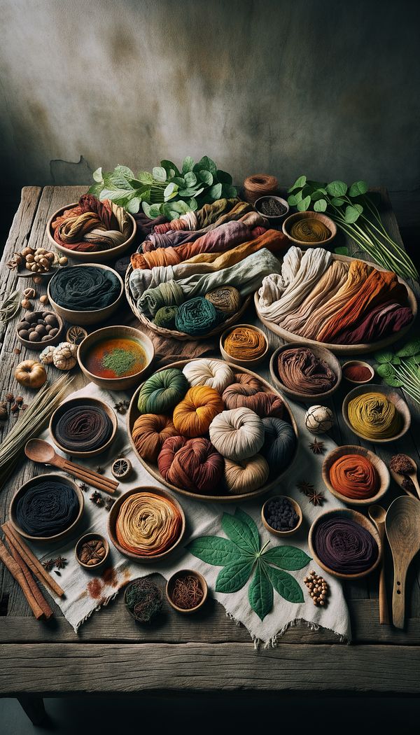 A collection of natural textiles dyed with vegetable dyes in various shades of earthy colors, laid out on a wooden table, surrounded by the plant materials used for dyeing.