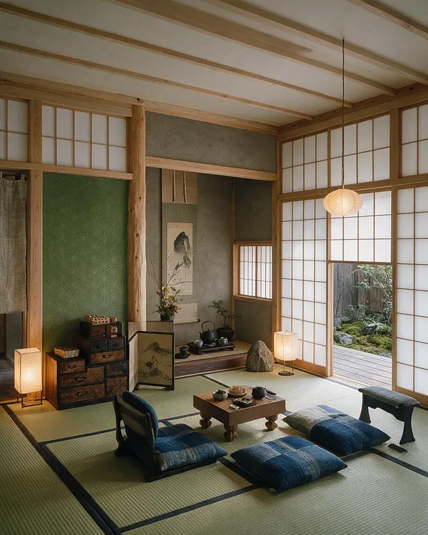 A calm Japanese-style game room with tatami flooring, low wooden seating, and a small central tea table. Shoji screens line the walls, warm paper lanterns glow softly, and a garden is visible through an open sliding door.