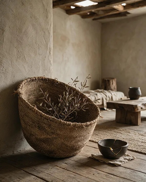 A rustic wabi-sabi room with plaster walls, weathered wood flooring, and a large woven basket filled with dried branches leaning against the wall. A small cracked ceramic bowl sits on a cloth beside a low wooden table, with a simple bed or bench and neutral textiles in the background.