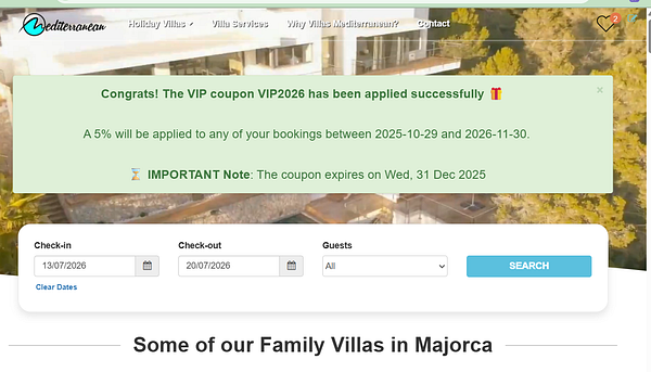 The image displays a booking interface for a villa rental website featuring a successful coupon application notification.