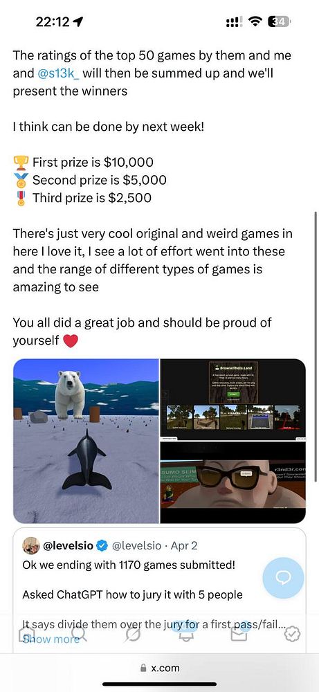 The image features a social media post discussing a gaming competition with prize details and a collage of game visuals.
