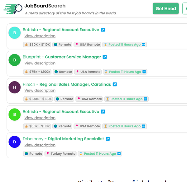 The image displays a job listing interface from JobBoardSearch featuring various job postings.