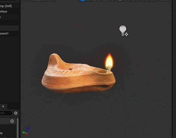 A 3D model of a traditional lamp with a flame is displayed in a design software interface.