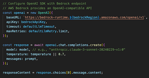 The image displays a code snippet for configuring the OpenAI SDK with AWS Bedrock for LLM inference.