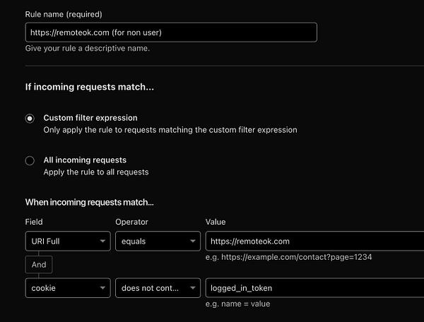 The image displays a configuration interface for setting up a rule related to incoming requests.