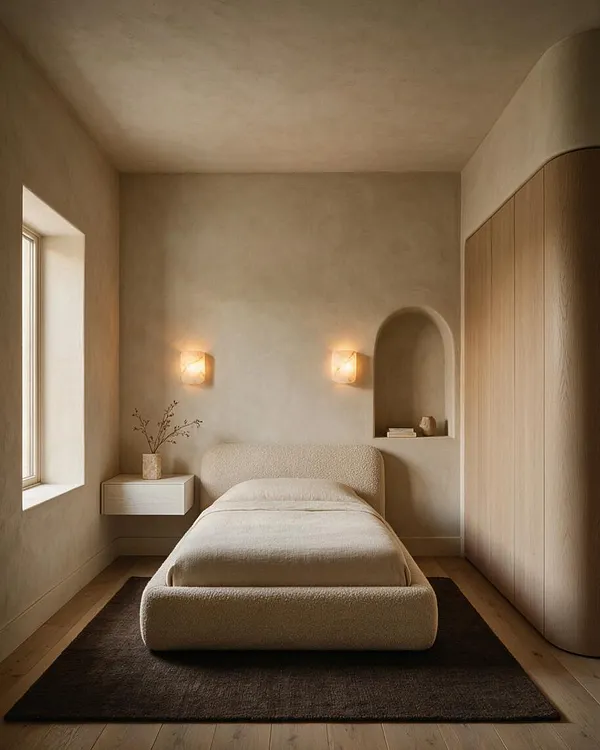 A calm organic modern bedroom with a low upholstered bed centered on a dark area rug, warm beige plaster walls, and a natural wood wardrobe. A small floating nightstand, arched wall niche, and soft wall sconces add sculptural detail, while daylight from a side window brightens the neutral space.