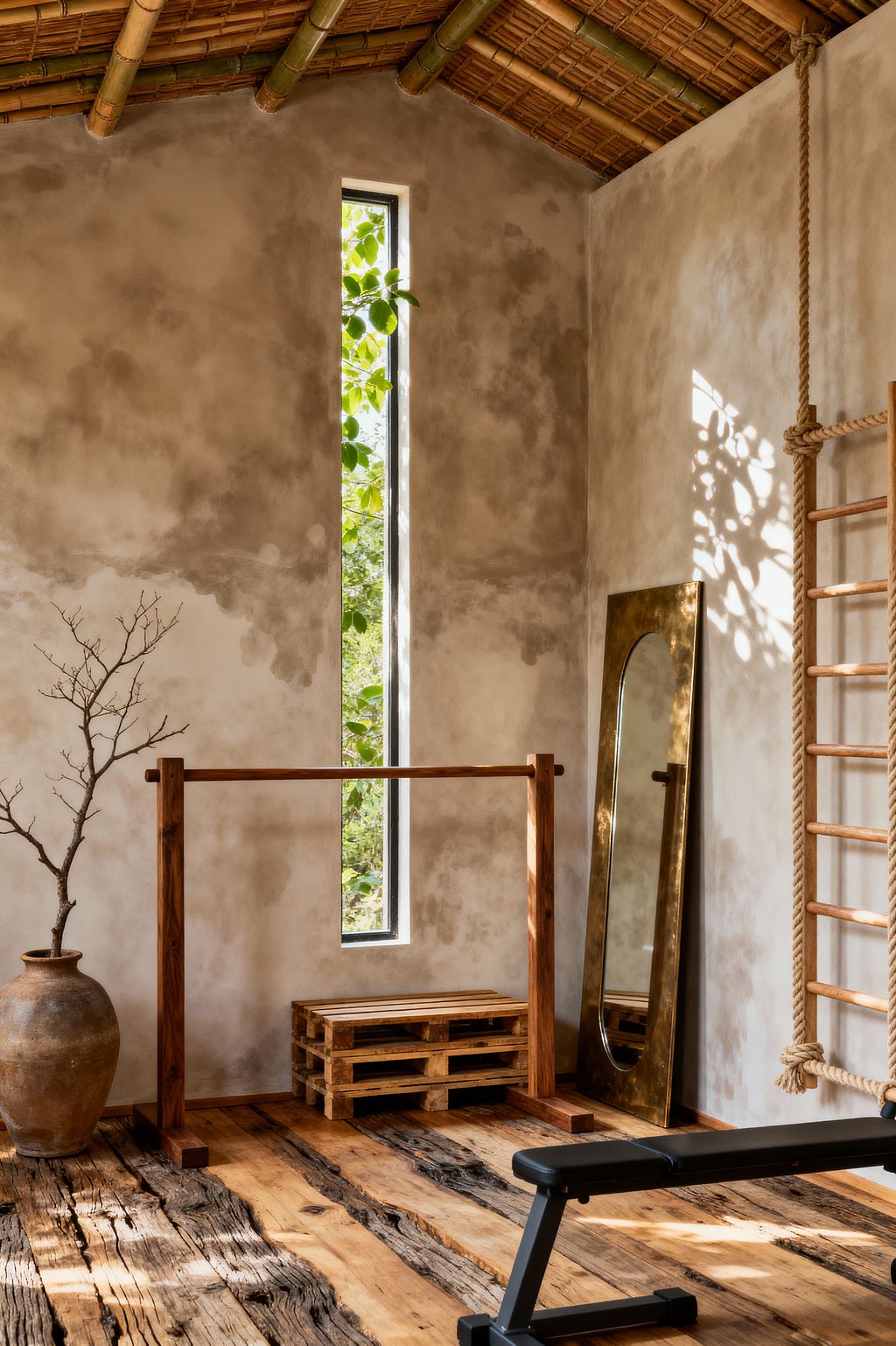 A serene home gym with mottled limewashed plaster walls and a tall, narrow window that frames greenery and casts dappled sunlight. The room features a bamboo-and-thatch ceiling, reclaimed plank flooring, wooden wall bars with a thick natural rope, a simple freestanding wooden barre, and a stacked pallet bench. A tall arched mirror with a burnished brass frame leans against the wall beside a large clay urn holding a bare branch, with a black workout bench in the foreground.