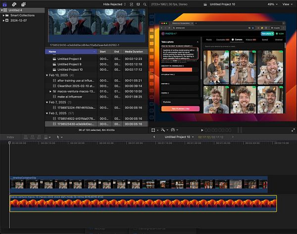 The image displays a Final Cut Pro interface with a project timeline and a web browser showing a photo AI tool.