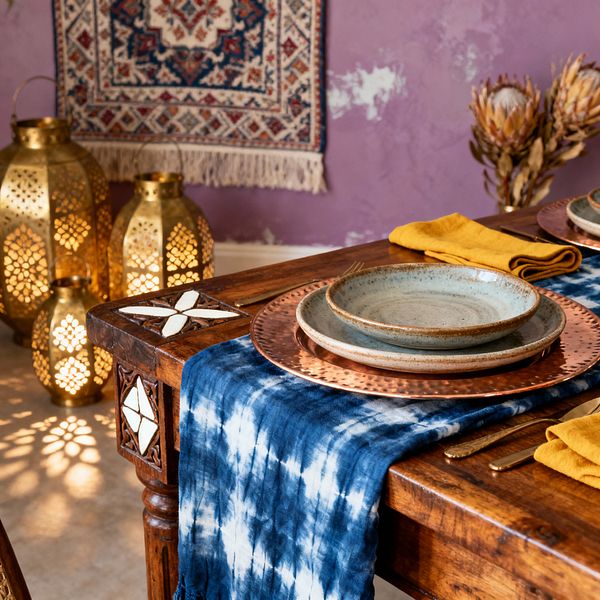 A close-up of a Bohemian dining table shows a carved wooden edge with white inlay, draped in an indigo tie-dye runner. Hammered copper chargers, speckled stoneware plates, mustard napkins, and brass flatware sit beside glowing pierced brass lanterns, a textured lavender wall, a fringed patterned tapestry, and a vase of dried protea, creating a layered, globally inspired scene.