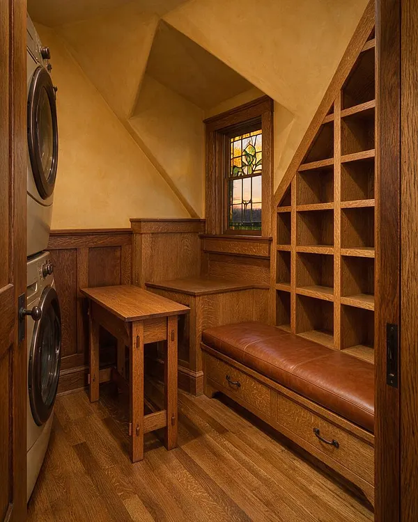 A narrow Craftsman-style laundry room with stacked front-loading washer and dryer on the left, warm wood paneling, and a small wooden utility table. On the right is a built-in bench with a leather cushion and open cubby shelves above and beside it. A stained-glass window adds decorative light, and the room features angled ceiling lines and rich wood flooring.