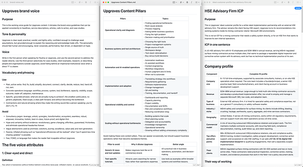 Infographic illustrating the elements and process for creating a brand voice, ICPs, and content pillar documents with color-coded segments and descriptive text.