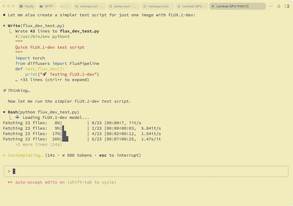 The image displays a coding interface showing a Python script and terminal output related to installing and testing the FLUX model on a GPU server.