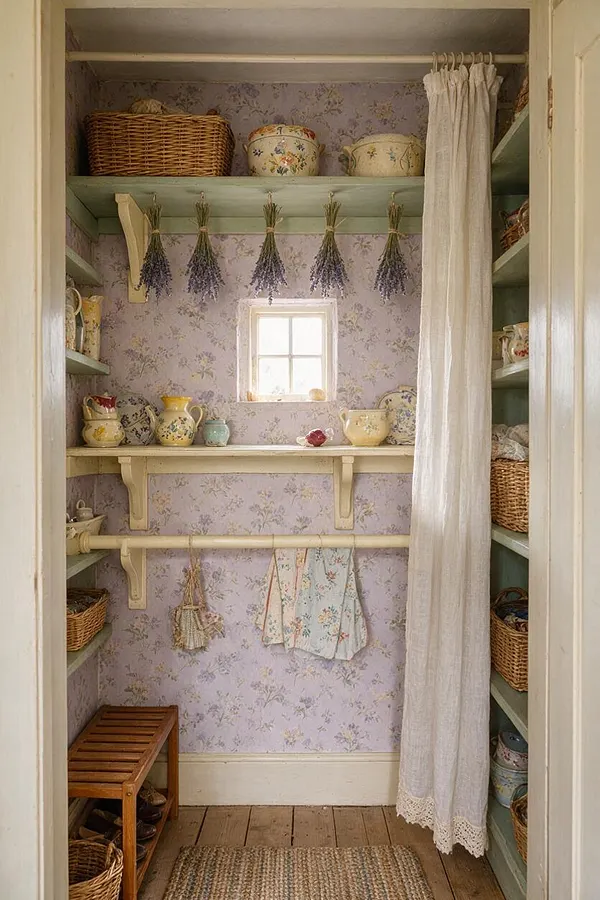 A narrow closet styled in Cottagecore fashion with lavender floral wallpaper, mint-green shelves, woven baskets, and floral ceramic containers. A sheer white curtain hangs on the right, dried lavender bunches are suspended across the back wall, and a small window brings in soft natural light.