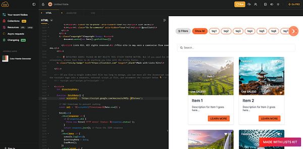 The image displays a coding interface alongside a user interface for a directory application.