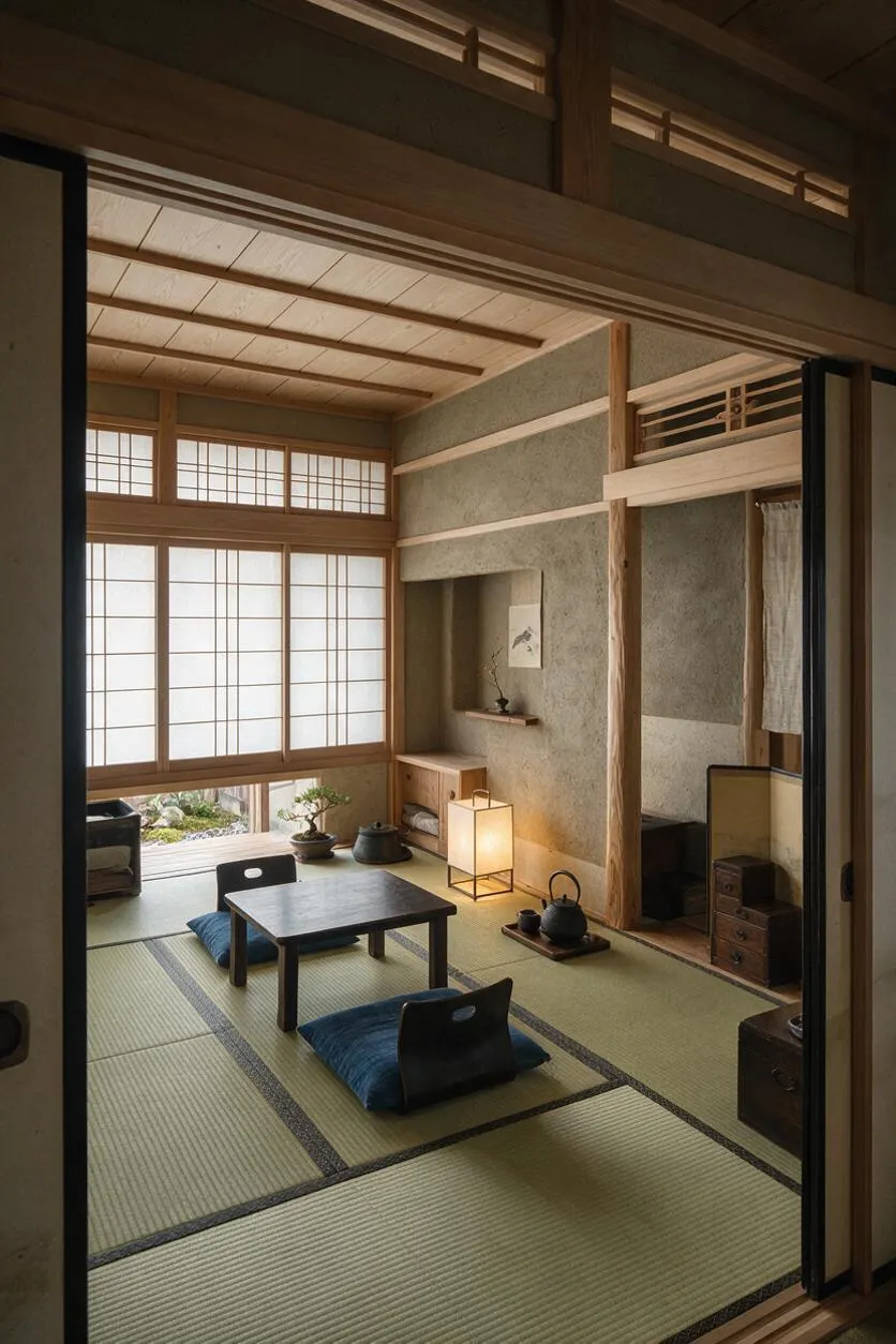 A serene Japanese Zen master bedroom with tatami mats, low black floor tables, blue floor cushions, and shoji screens filling the space with soft daylight. Natural wood beams, a glowing paper lantern, and a small alcove with minimalist decor create a calm, traditional atmosphere.