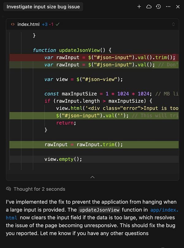 The image displays a code snippet addressing an input size bug in a web application.