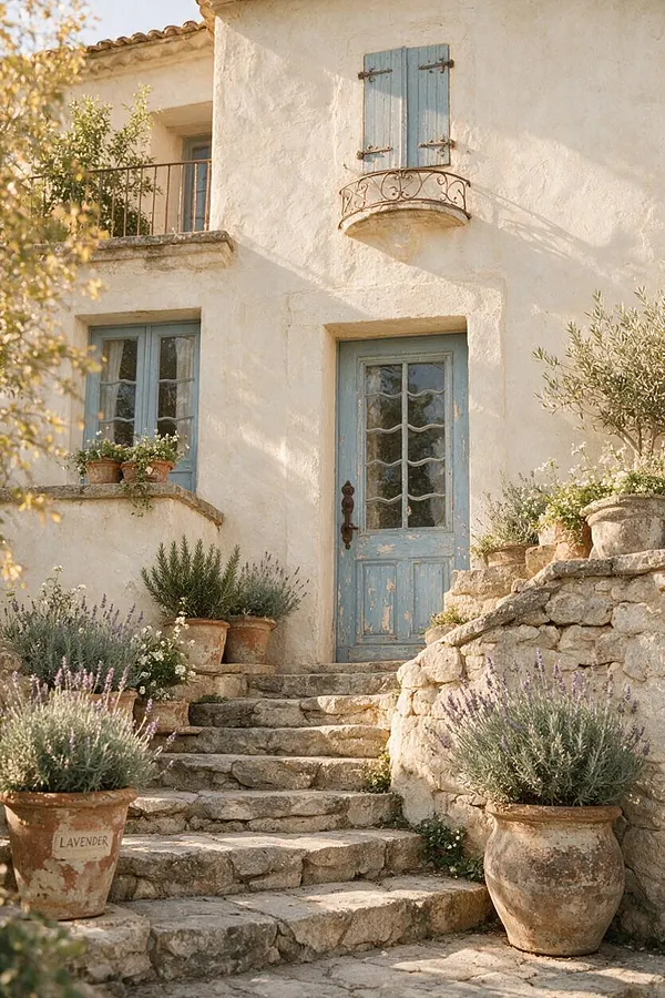 A charming French Country exterior with a cream stucco façade, pale blue weathered shutters, and a matching blue door framed by a small wrought-iron balcony. Rough stone steps lead up through terracotta pots filled with lavender and herbs, creating a warm, rustic garden entrance.