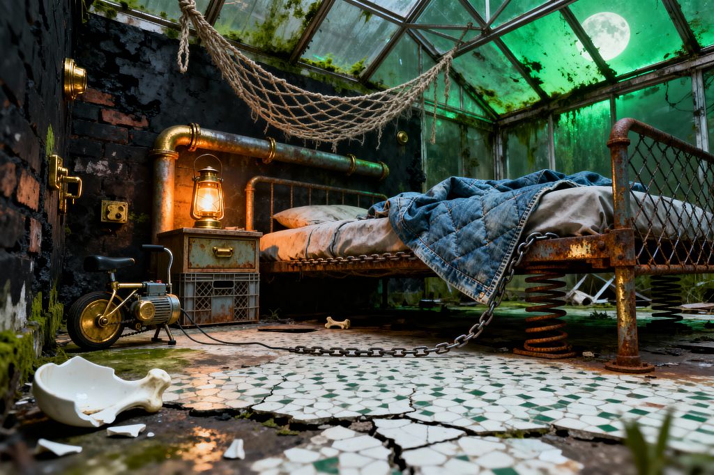 A bedroom built inside a decaying glass greenhouse glows green under moonlight. A rusted steel bed on exposed coil springs holds gray bedding with a blue quilt, secured by a heavy chain. A copper pipe headboard and a lit brass lantern sit beside a distressed metal nightstand on a crate. The floor is cracked white-and-green mosaic tile with broken ceramic pieces, rope netting hangs overhead, moss creeps on blackened brick, and a small gold pedal generator rests nearby.