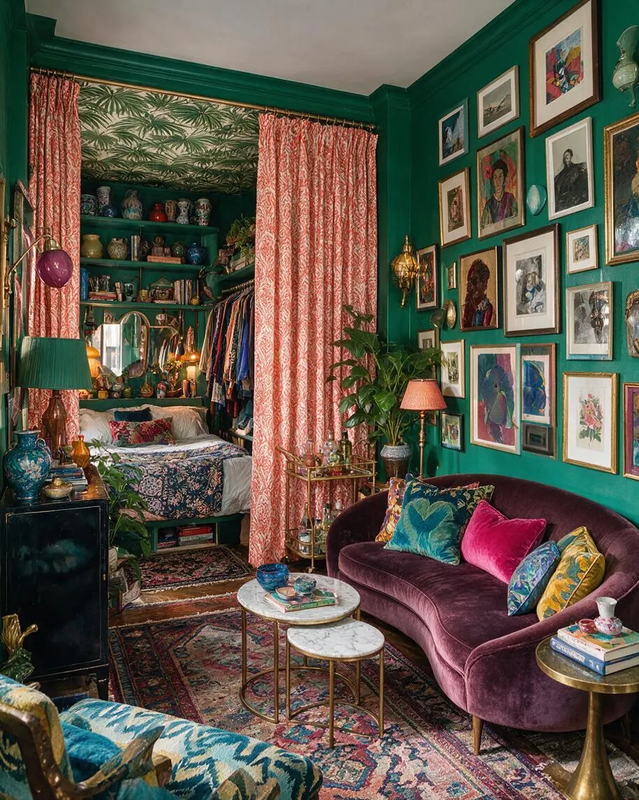 A compact studio apartment packed with layered decor and bold color. Emerald green walls, pink patterned curtains, a plum velvet sofa, framed artwork gallery walls, patterned rugs, and an open sleeping nook create a richly decorated maximalist interior.