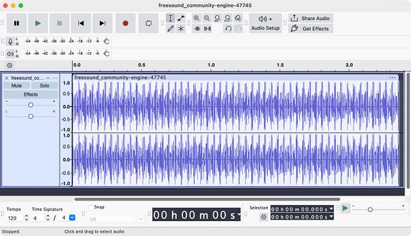 Screenshot of an Audio waveform editor displaying the looping region for an engine sound in a project.