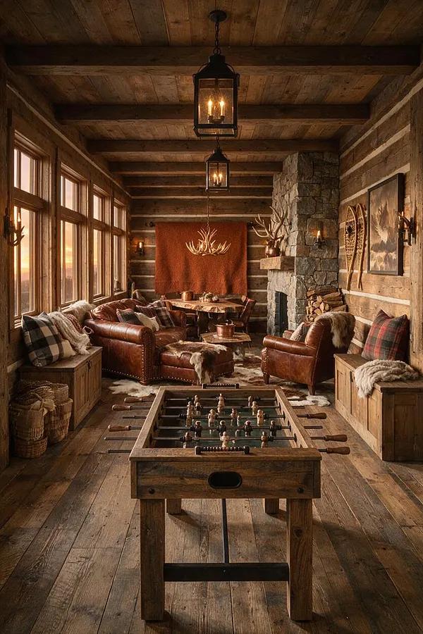 A rustic game room with a foosball table centered on worn wood plank floors, surrounded by leather seating, plaid textiles, and a stone fireplace. Log walls, exposed wood beams, lantern-style pendant lights, and large windows create a warm cabin-like atmosphere.