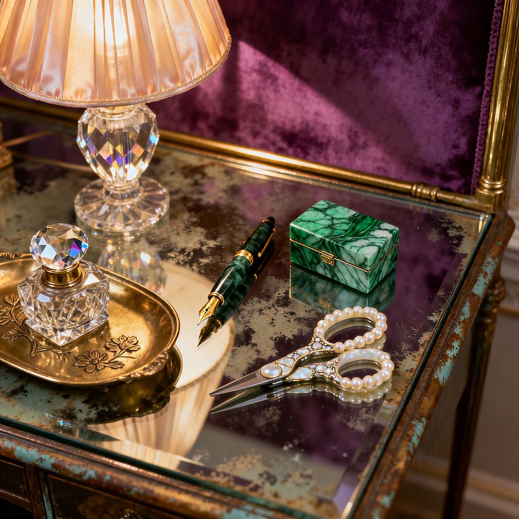A close-up of a vintage-glam home office desk shows an antique mirrored glass top with weathered patina and a gilt frame before a plum velvet panel. A cut-crystal lamp with a pleated blush shade illuminates a crystal perfume bottle on an engraved brass tray, a green malachite box, a green marbled fountain pen with gold trim, and pearl-handled scissors, creating a richly detailed, reflective vignette.