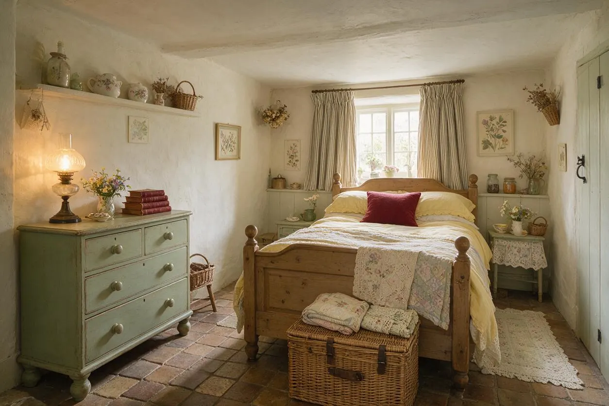 A cozy cottagecore bedroom with white plaster walls, a wooden spindle bed dressed in soft yellow bedding and a red accent pillow, and a mint-green dresser with a glowing table lamp. The room includes floral prints, dried flowers, wicker baskets, lace accents, and a terracotta tile floor that adds rustic warmth.