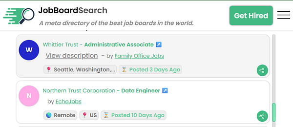 The image displays a job listing interface from JobBoardSearch featuring two job postings.