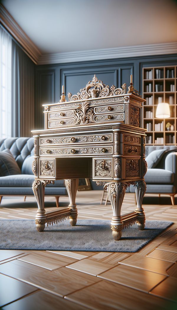A small, elegantly decorated writing desk (Bonheur-du-jour) placed in a modern living room, with visible drawers, shelves, and intricate designs, emphasizing its craftsmanship and historical appeal.