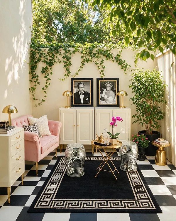 A stylish backyard seating area with a black-and-white checkerboard floor, a black Greek-key rug, blush pink velvet chair, cream cabinets, gold lamps, and mirrored side stools. Ivy climbs the cream walls, and potted greenery adds a lush outdoor feel.