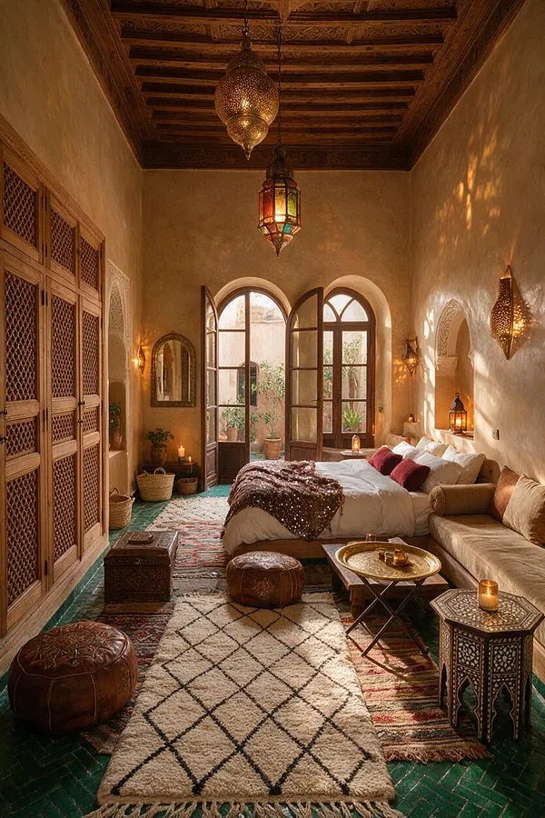 A warm Moroccan-style guest bedroom with a carved wood ceiling, arched French doors, and plaster walls washed in golden light. The room features a low bed with white bedding, patterned rugs, leather poufs, a beige sofa, ornate lanterns, and carved side tables, creating an intimate and richly layered atmosphere.