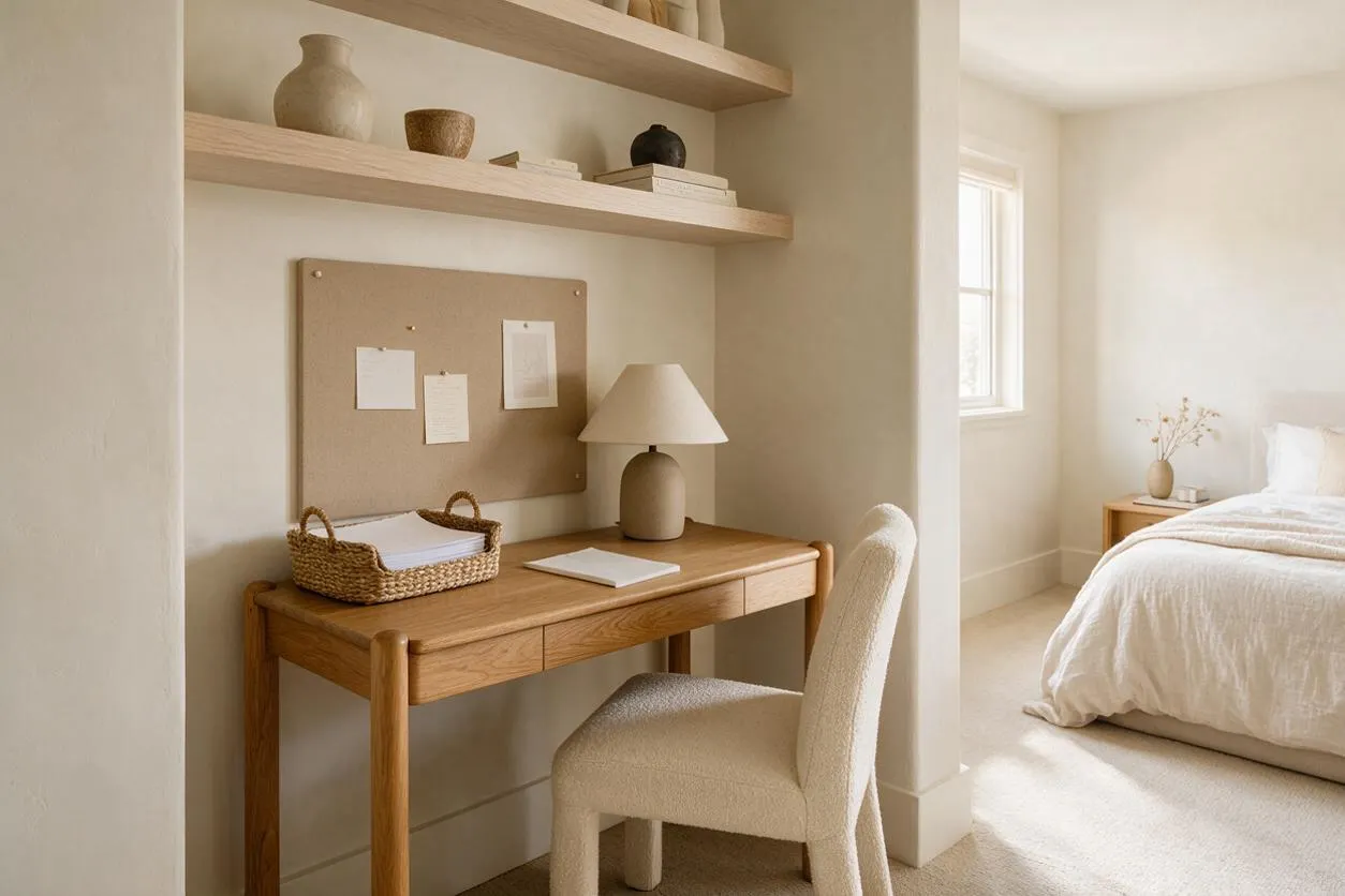 A compact home office nook with a light oak desk, woven tray, cushioned neutral chair, and a cork bulletin board beneath floating wood shelves. The adjacent bedroom is softly visible, with white bedding and warm daylight filling the serene beige-toned space.