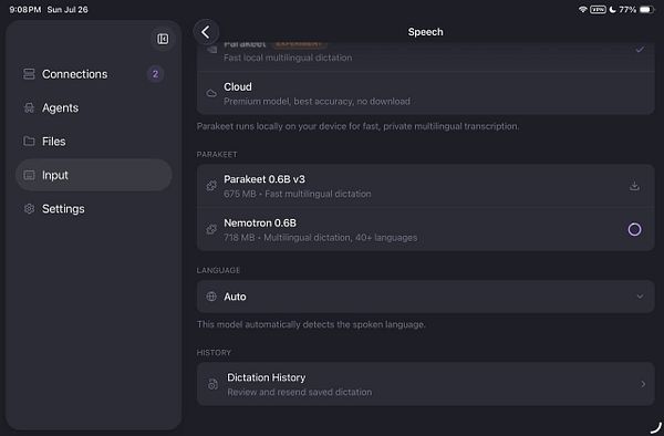 Screenshot of a Linux terminal session showing the installation and usage of Nemotron voice support in the Moshi terminal.