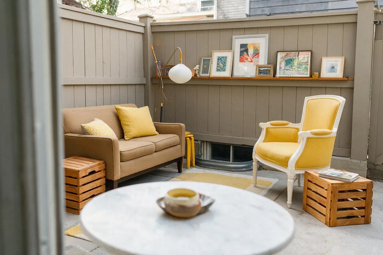 A small backyard lounge with a tan loveseat, a yellow upholstered armchair, and a marble-topped table in the foreground. Gray vertical wood fencing frames the space, while a narrow shelf displays framed artwork and a globe floor lamp adds a cozy, curated feel.