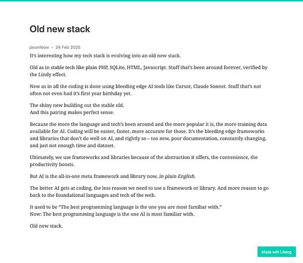 A blog post discussing the evolution of a tech stack, contrasting old and new technologies.