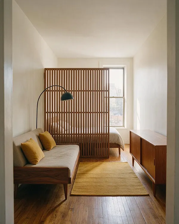 A narrow studio apartment styled in mid-century modern design, featuring a walnut sofa with beige upholstery and mustard pillows on the left, a matching wood cabinet on the right, and a low bed behind a vertical slatted wood room divider. A black arched floor lamp adds contrast, while white walls, a yellow rug, and warm wood floors create a bright, airy feel.