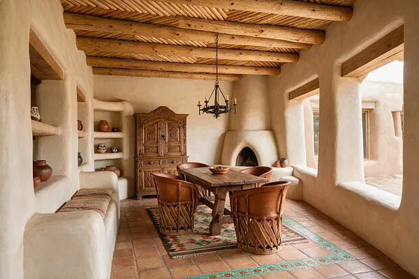 A Southwestern-style front porch with smooth adobe walls, exposed wooden ceiling beams, and terracotta tile flooring. The space includes a carved wooden cabinet, built-in niches with pottery, a rustic dining table with leather-and-woven chairs, a hanging iron chandelier, and a small kiva-style fireplace.