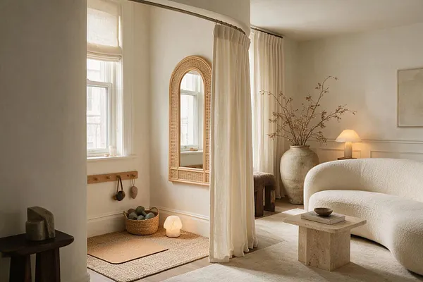 A calm home gym styled in organic modern design with a woven rug, yoga mat, basket of weights, and soft cream curtains dividing the room. A rattan-framed mirror, stone accents, and a sculptural lamp and table create a warm, spa-like atmosphere.