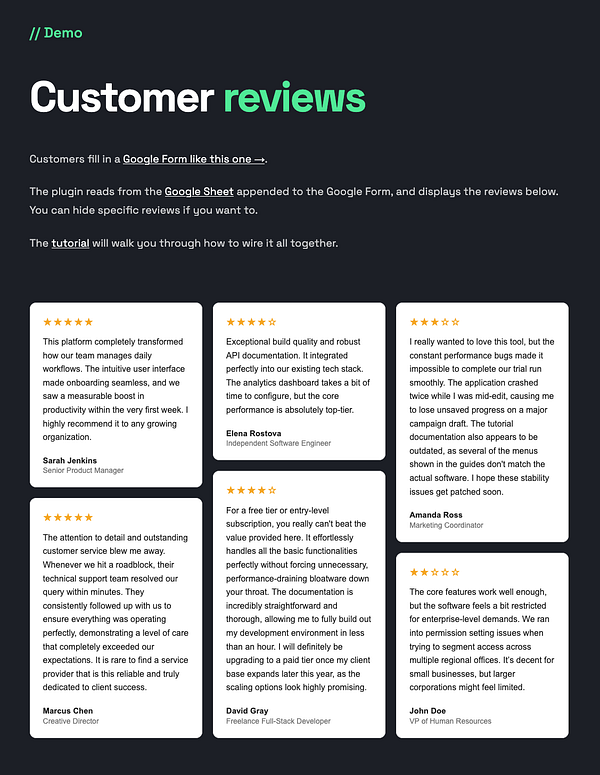 A professional webpage demo displaying customer reviews for a Google Form-based review plugin.