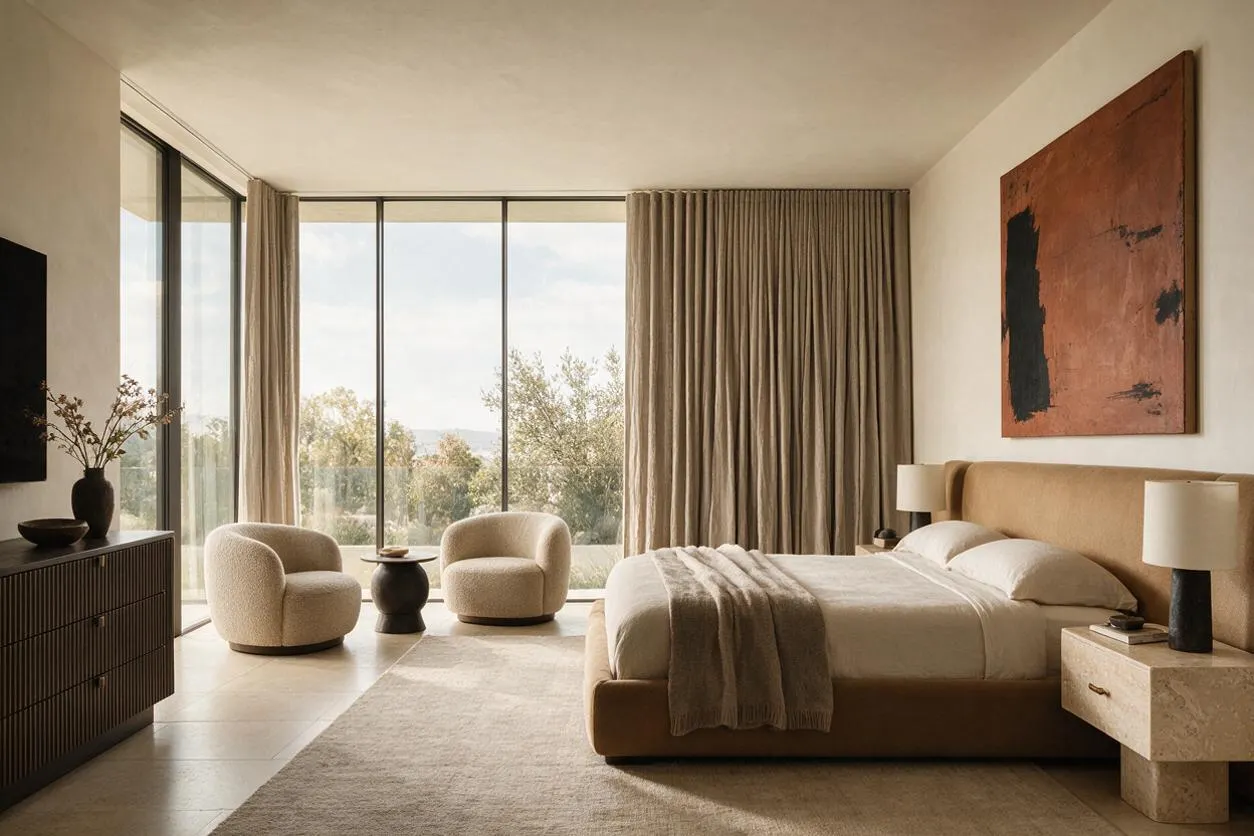A modern guest bedroom with a low upholstered bed, neutral bedding, and a textured throw facing floor-to-ceiling windows with beige drapes. Two rounded lounge chairs and a small pedestal table sit by the glass, while a dark ribbed dresser, abstract wall art, and stone bedside tables complete the serene space.