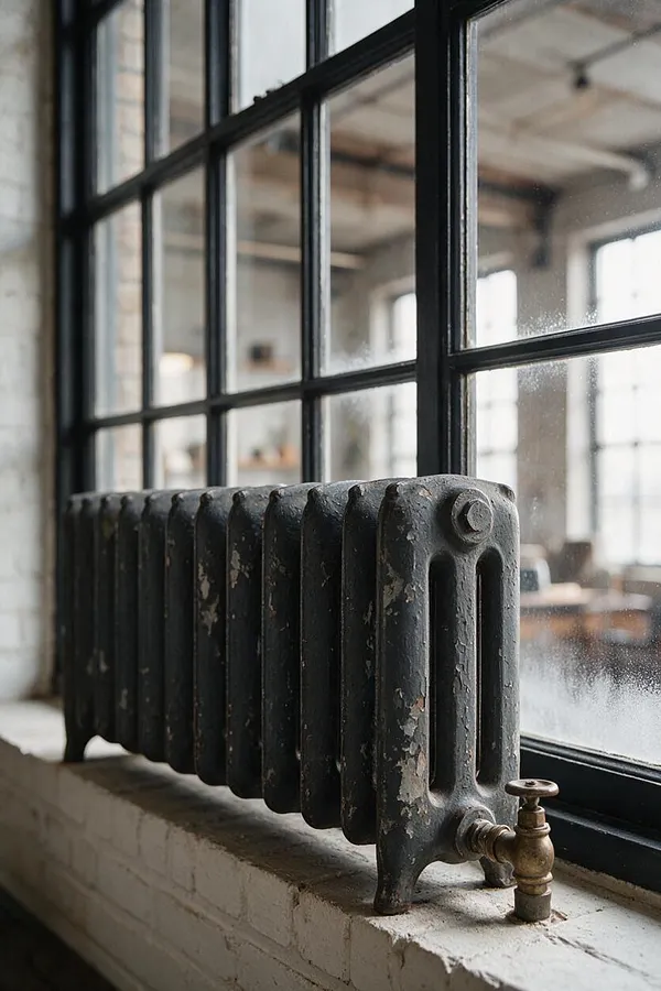 A weathered black cast iron radiator sits on a white painted brick windowsill beneath tall black-framed industrial windows. The chipped finish and brass valve add vintage character to the bright loft interior.