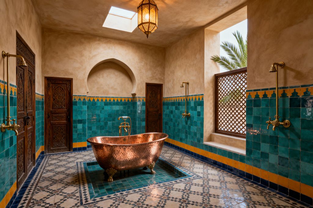 A Moroccan-style bathroom features a hammered copper freestanding tub set in a tiled basin, surrounded by teal zellige walls capped with a saffron frieze and deep blue border. Warm tadelakt plaster, carved wooden doors, twin brass showers, a mashrabiya window screen, patterned mosaic floor, and a pierced brass lantern under a skylight create a sunlit, hammam-like space.