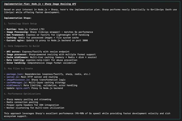 The image displays a detailed implementation plan for building an image resizing API using Node.js and the Sharp library.