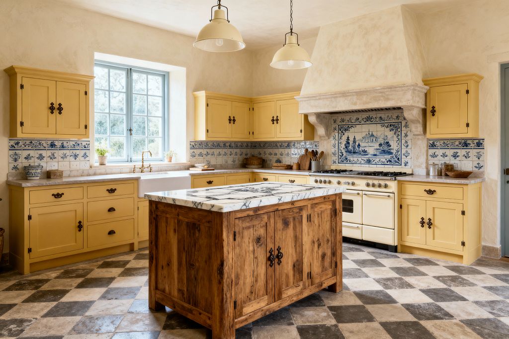 A French Country kitchen features buttery yellow cabinets with black latches around a rustic oak island topped in veined white marble. Blue-and-white Delft tiles wrap the backsplash with a scenic mural behind a cream range and a stone-look plaster hood; a white farmhouse sink with a brass bridge faucet sits beneath a blue-gray casement window, while gray-and-cream checkerboard stone floors and creamy plaster walls create a bright, timeworn feel.
