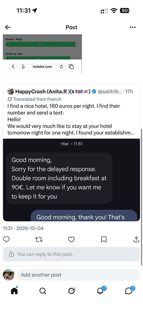 Screenshot of a Twitter post showing a conversation about booking a hotel room directly via text message.