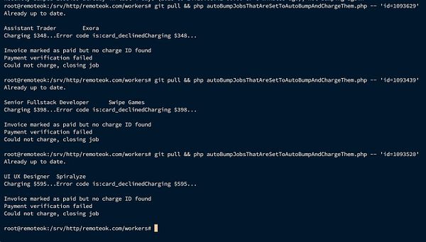 The image displays a terminal interface showing error messages related to payment processing for various users.